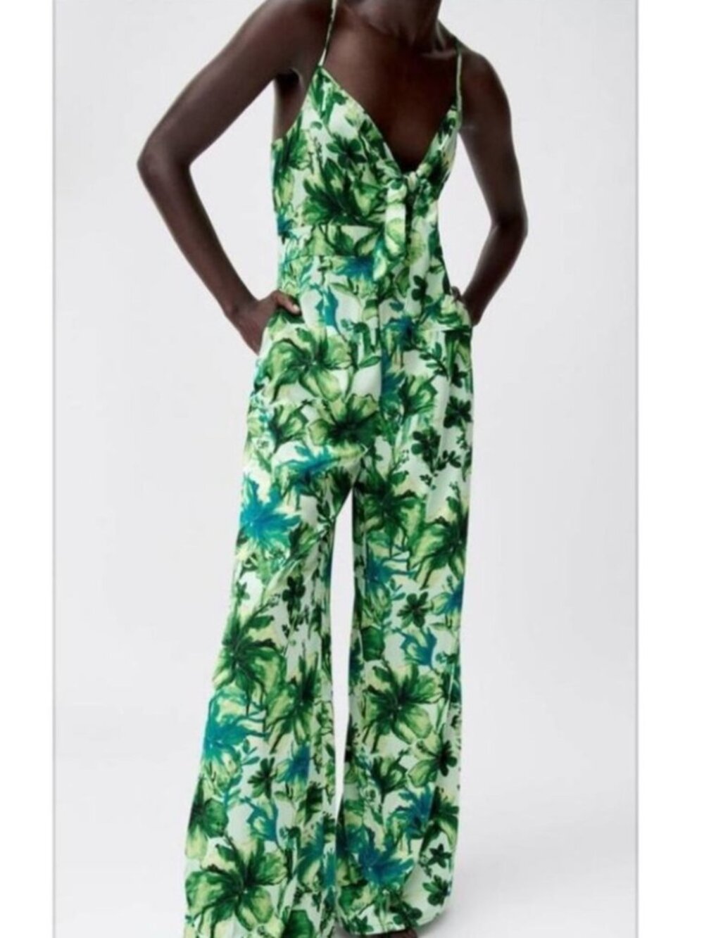 ZARA Jumpsuit XS Wide leg Pants Tropical Vacation Cruise Boho Resort Travel